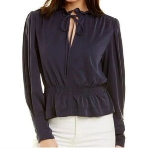 Rebecca Taylor Midnight Blue v neck slit Tie-Neck Blouse ruffles large